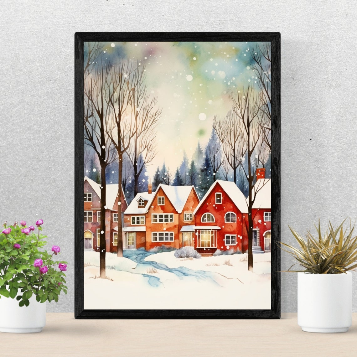Watercolor Snowy Village with Red Brick Houses Winter Poster - Image 4
