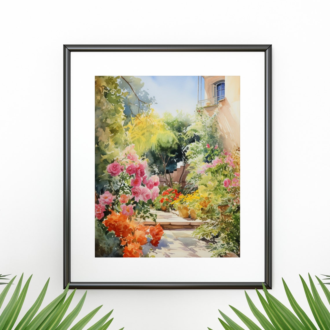 Mediterranean Watercolor Rose Garden Path Sunny Villa Landscape Poster - Image 5