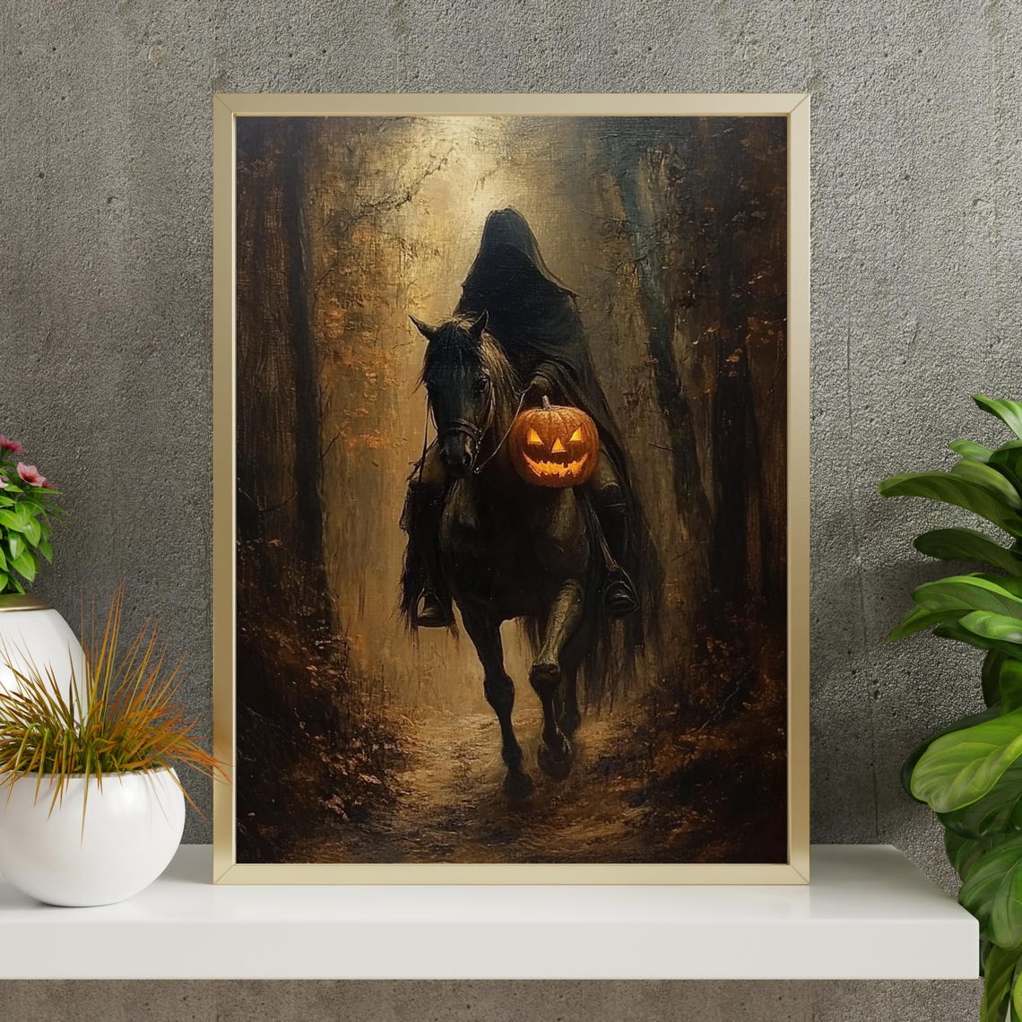 Headless Horseman with a Jack O Lantern Dark Halloween Wall Art - Image 5
