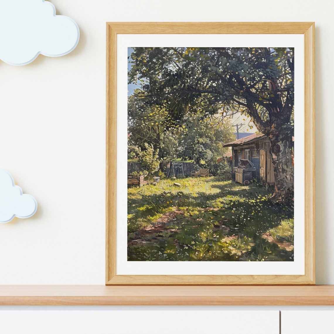 Sunlit Country Garden with Rustic Cabin under Big Tree Painting Poster - Image 6