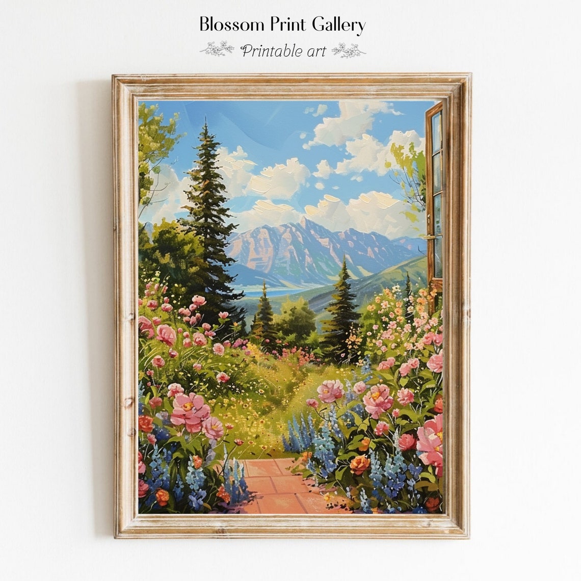 Garden Window Mountain View Pink Peony Summer Landscape Poster