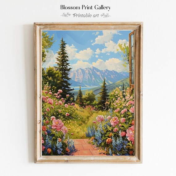 Garden Window Mountain View Pink Peony Summer Landscape Poster