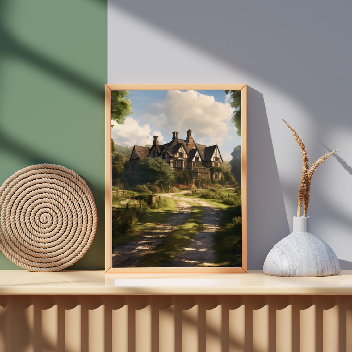 Tudor Style Mansion Country Lane Grand Estate Landscape Art Poster - Image 4