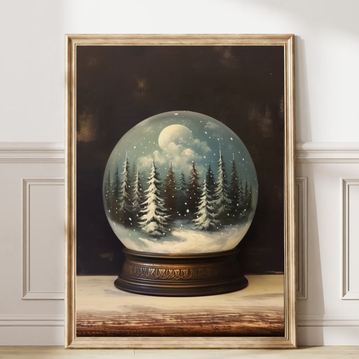 Moody Moonlit Pine Forest Christmas Snow Globe Painting Poster - Image 6