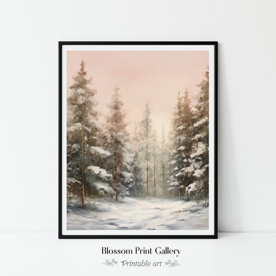 Vintage Snowy Winter Landscape Painting Christmas Wall Art Holidays Decor Nature Wall Art Moody Forest 149
