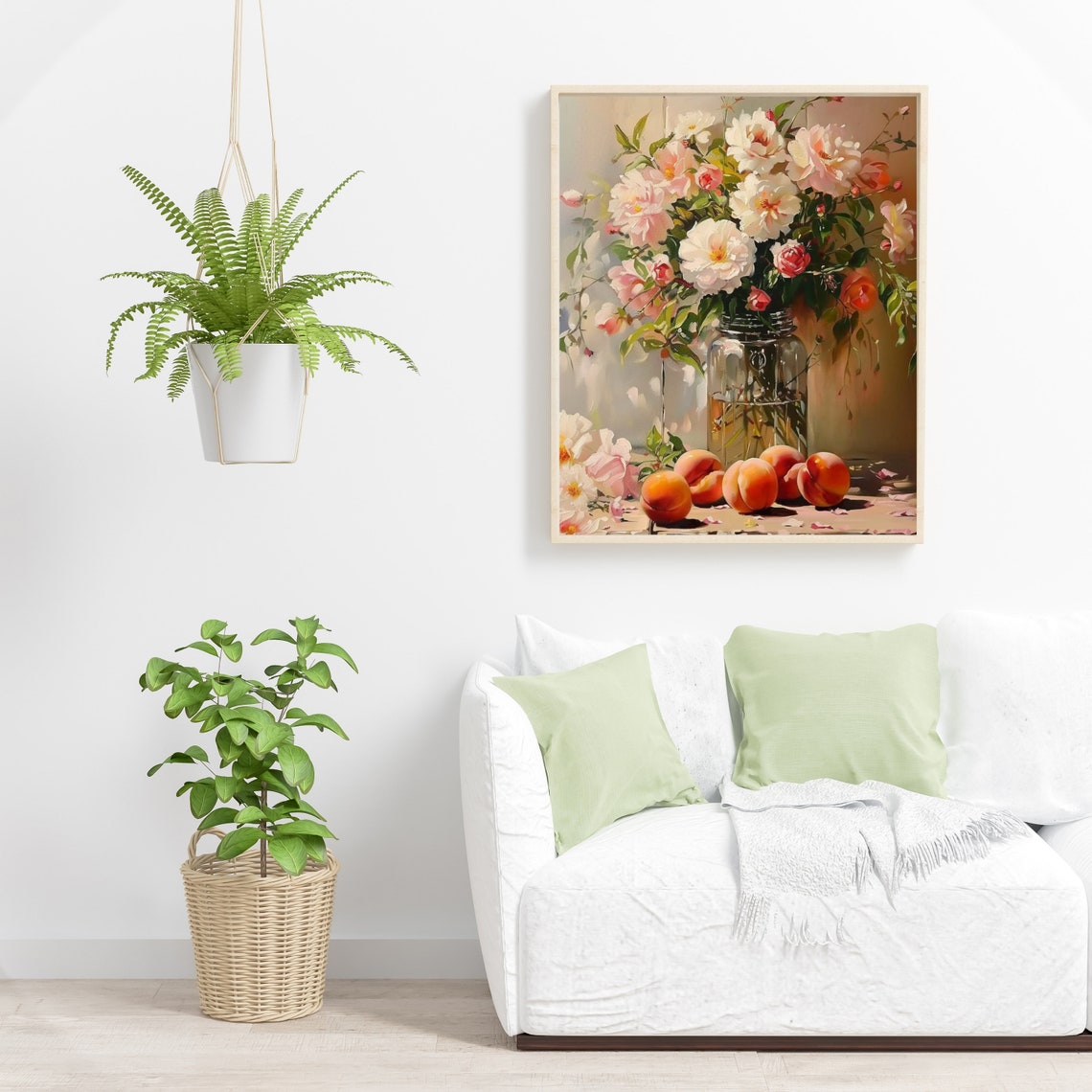 Blush Peonies and Roses in Glass Jar with Peaches Painting Poster - Image 6