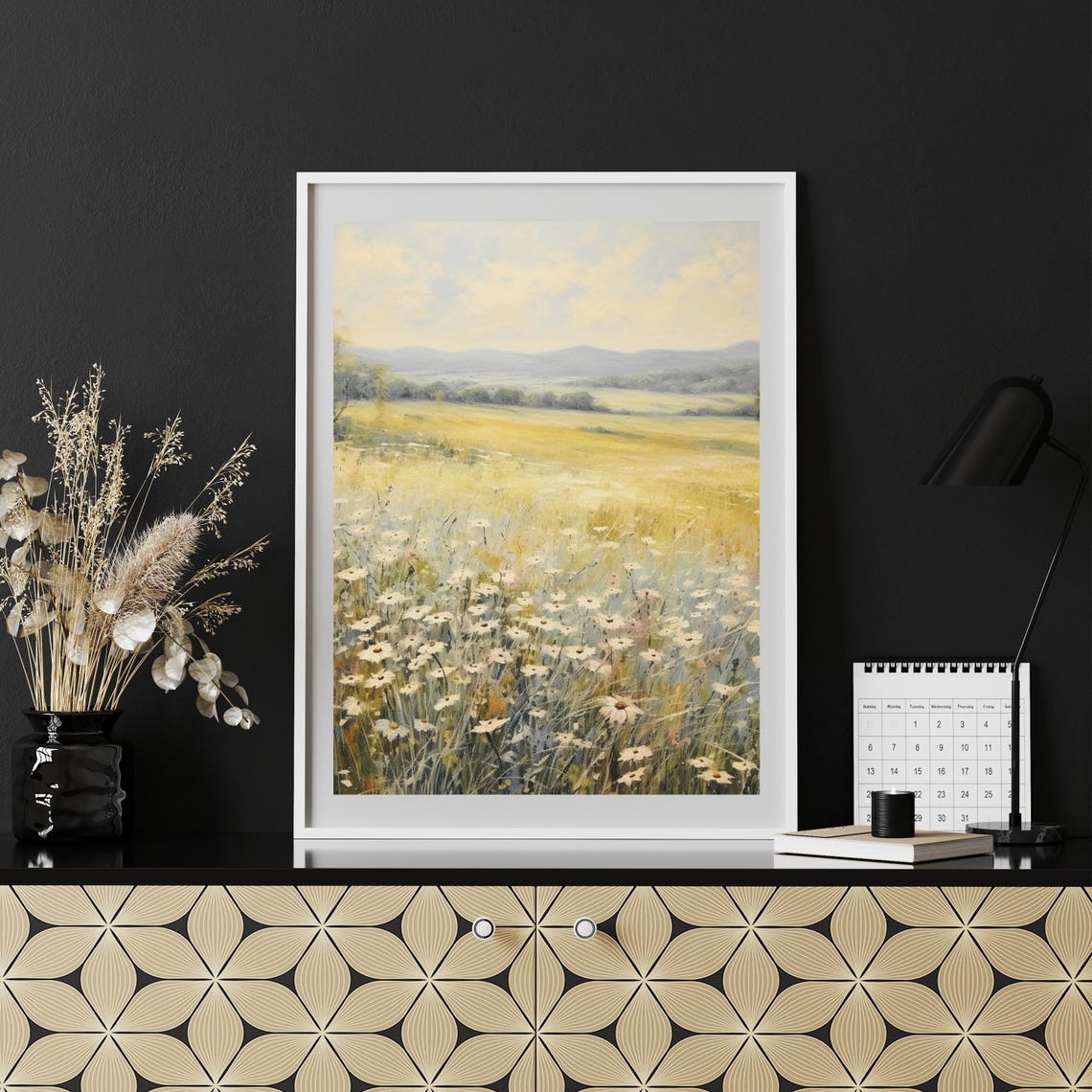 White Wildflower Meadow Landscape Oil Painting Vintage Farm House Summer Country Field Neutral Painting Art - Image 2