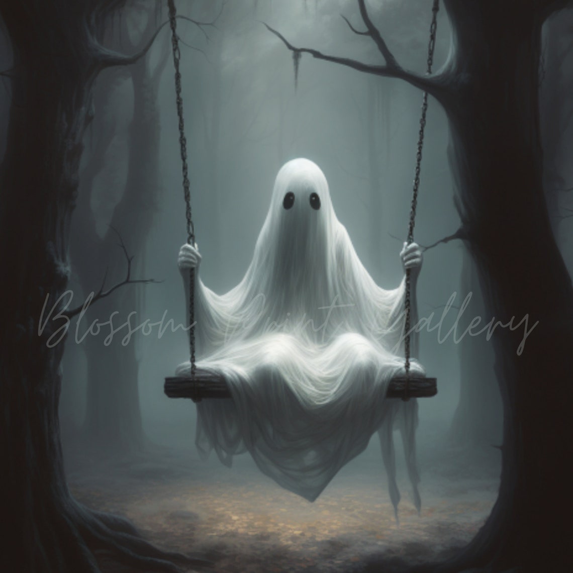 Ghost On The Swing Wall Art Spooky Vintage Gothic Cute Little Ghost Poster Special Halloween Ghost Face Decor Dark Academia Room - Image 3