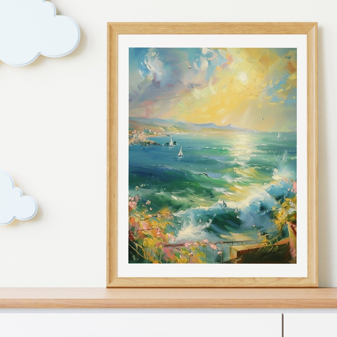 Sunlit Seascape with Sailboats Mediterranean Coastal Oil Painting Poster - Image 3