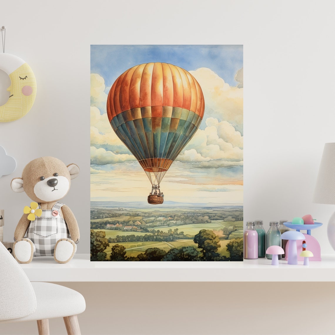 Vintage Hot Air Balloon Floating Over Countryside Painting Poster - Image 6