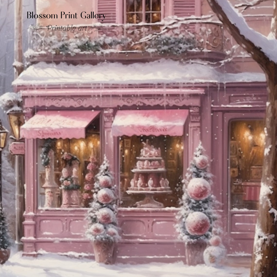 Pink Patisserie Snowy Christmas Street Winter Painting Poster - Image 3