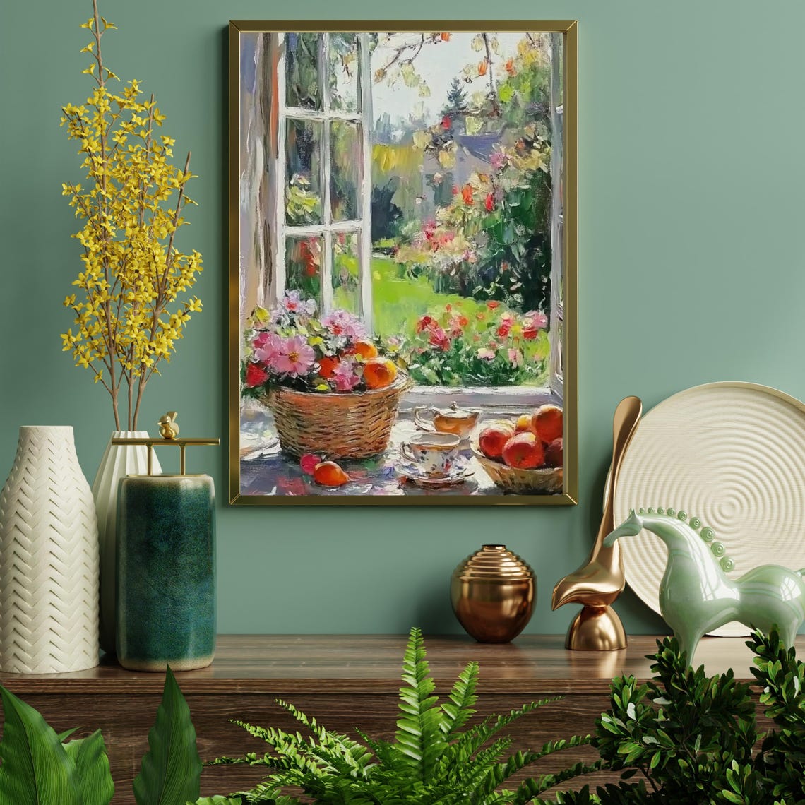 Basket Of Pink Flowers And Apples On A Sunny Windowsill Print - Image 5