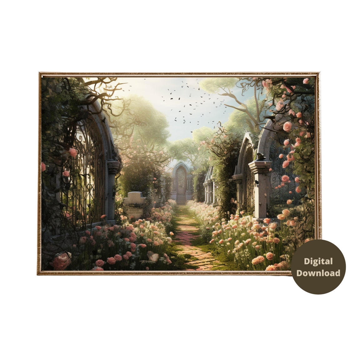 Lost Garden Vintage Painting Antique Flower Garden Painting Cottagecore Decor Enchanted Rose Garden Wall Art Cottage Oil Painting