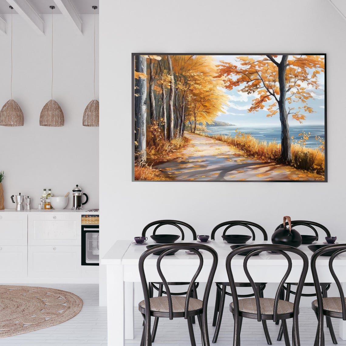 Autumn Path Along Blue Lake Orange Trees Fall Foliage Landscape Poster - Image 4