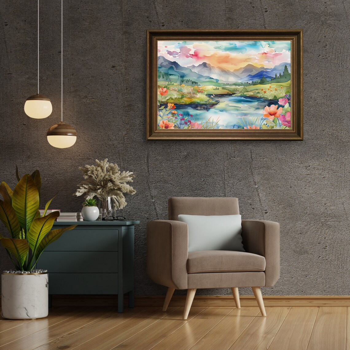 Watercolor Lake With Wildflowers And Mountains At Pastel Sunrise Print - Image 5