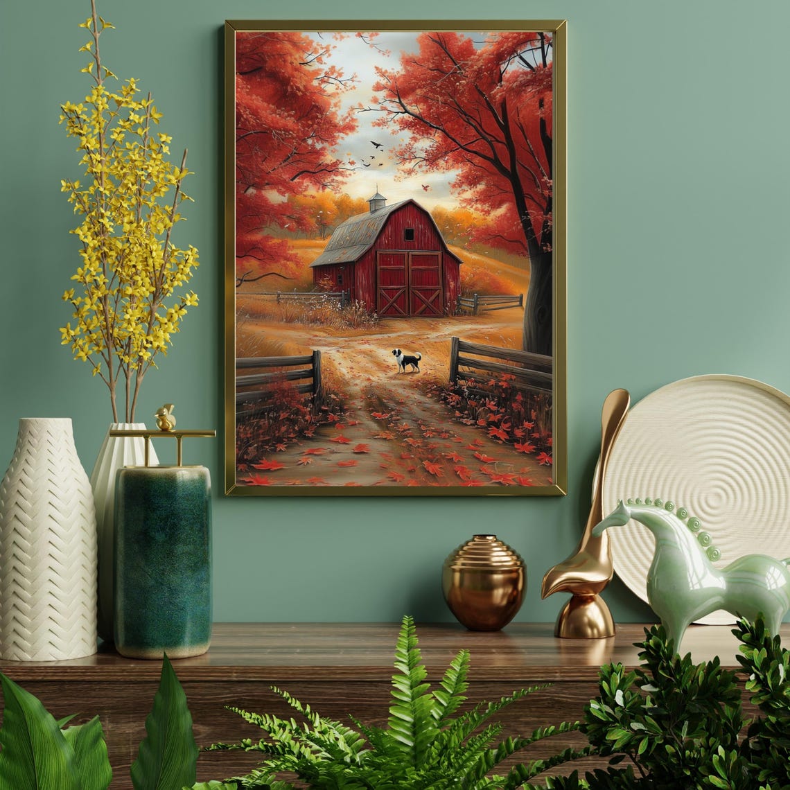 Red Barn in Autumn with Scarlet Maples and a Country Dog Poster - Image 4