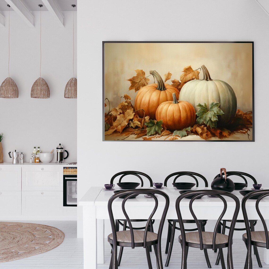 Orange And White Pumpkins With Fall Leaves Classic Still Life Art Poster - Image 3