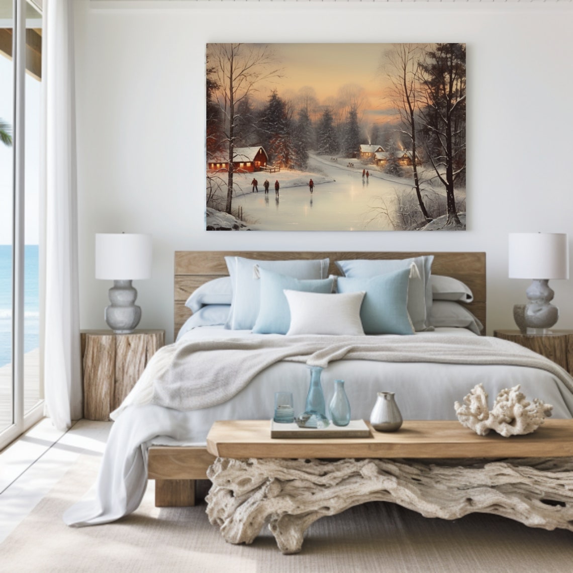 Winter Village Pond Ice Skating At Dusk Snowy Christmas Poster - Image 6