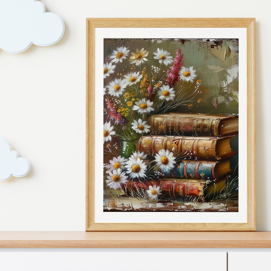 White Daisies with Stacked Antique Books Floral Artwork Poster - Image 2