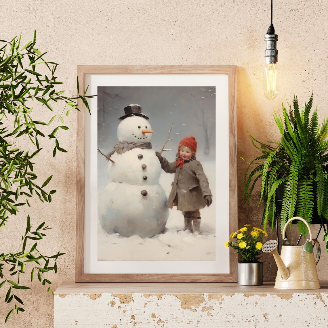 Girl Building Snowman Christmas Print Christmas Snowman Decor Farmhouse Artwork Winter Holiday Vintage Christmas Print 745 - Image 4