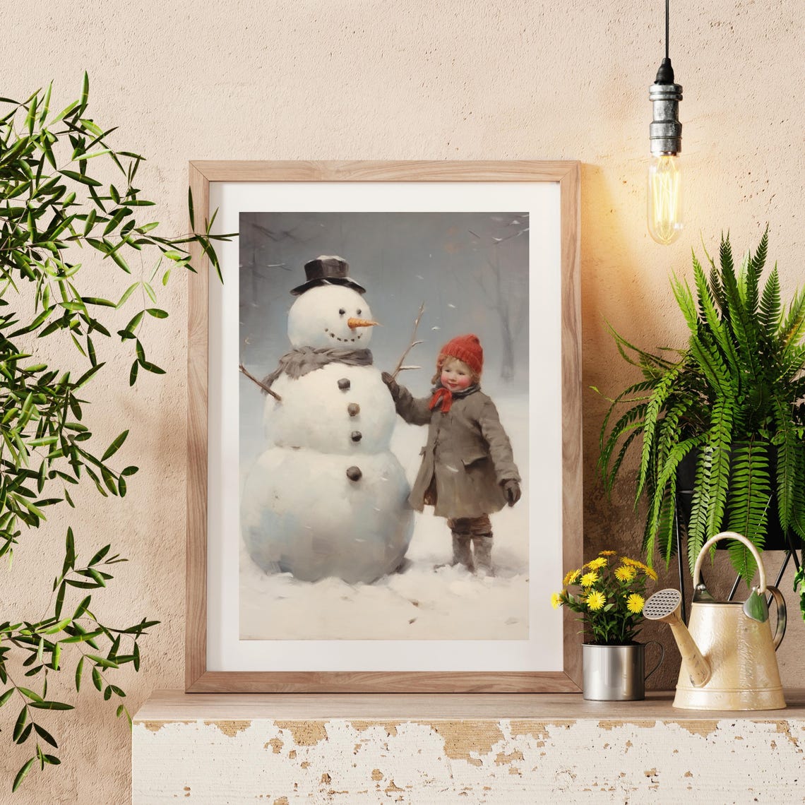 Vintage Little Child with Snowman in Snowy Winter Painting Poster - Image 4