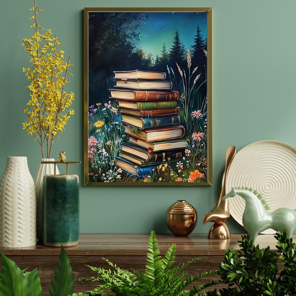 Stack of Old Books in a Moonlit Meadow Enchanted Night Poster - Image 6