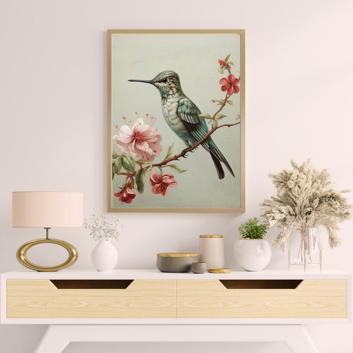Green Hummingbird Perched on a Blossom Branch Vintage Bird Wall Art - Image 5