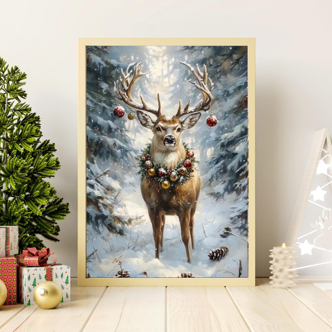 Majestic Deer With Ornament Wreath In Snowy Christmas Forest Poster - Image 6