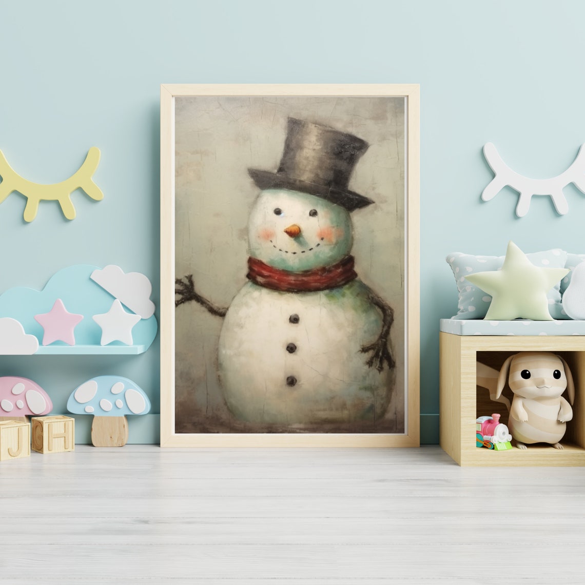 Vintage Snowman With Top Hat And Red Scarf On Cracked Plaster Poster - Image 6