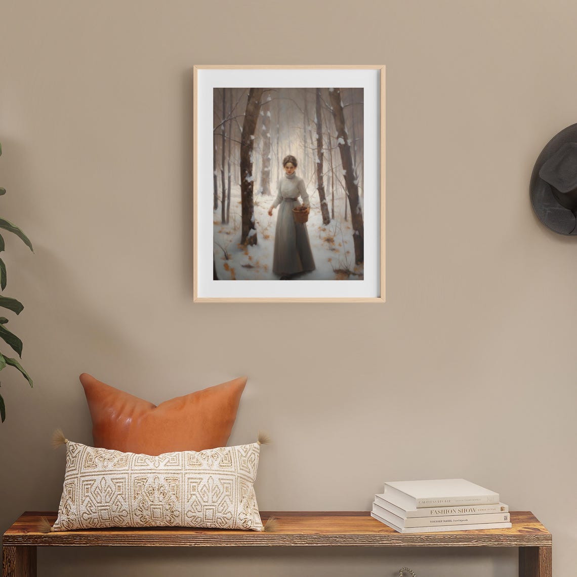 Woman Gathering in Snowy Winter Woods with Basket Painting Poster - Image 2
