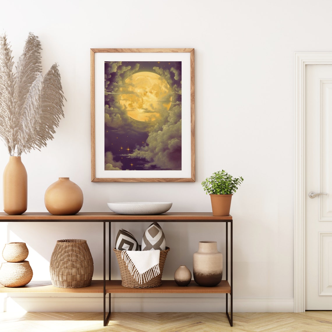 Golden Full Moon Shining Through Clouds Starry Night Painting Poster - Image 4