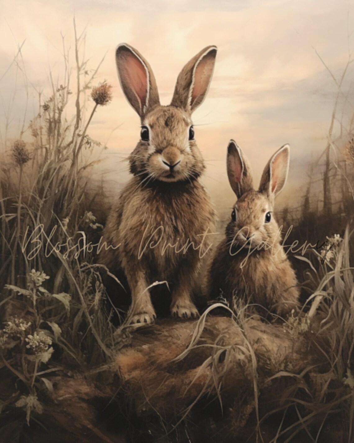 Pair Of Hares In Golden Field Vintage Wildlife Painting Poster - Image 4