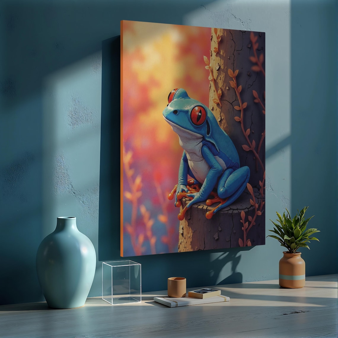 Blue Tree Frog Red Eyes Sunset Branch Wildlife Nature Art Poster - Image 3