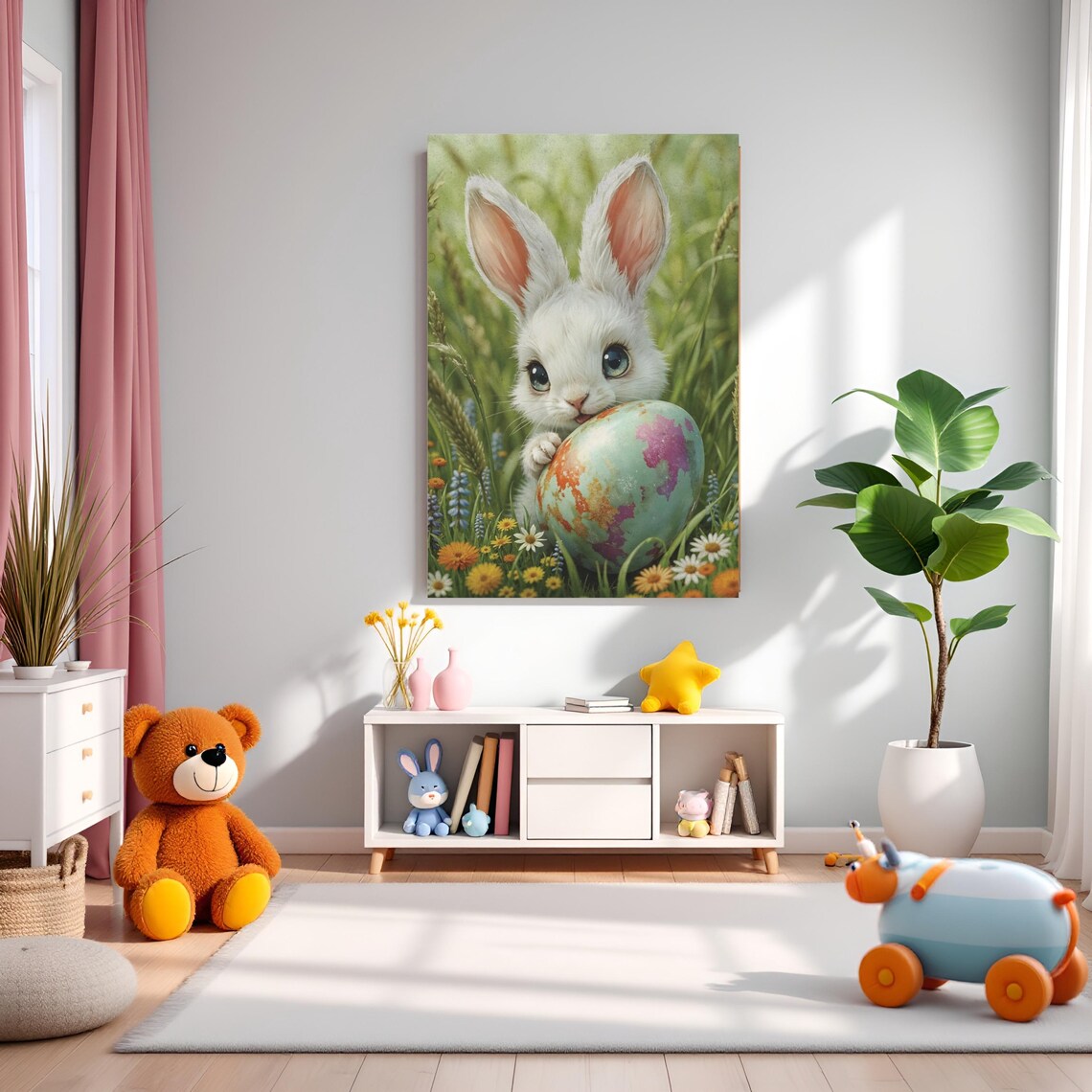 Fluffy White Easter Bunny Giant Painted Egg Meadow Art Poster - Image 3