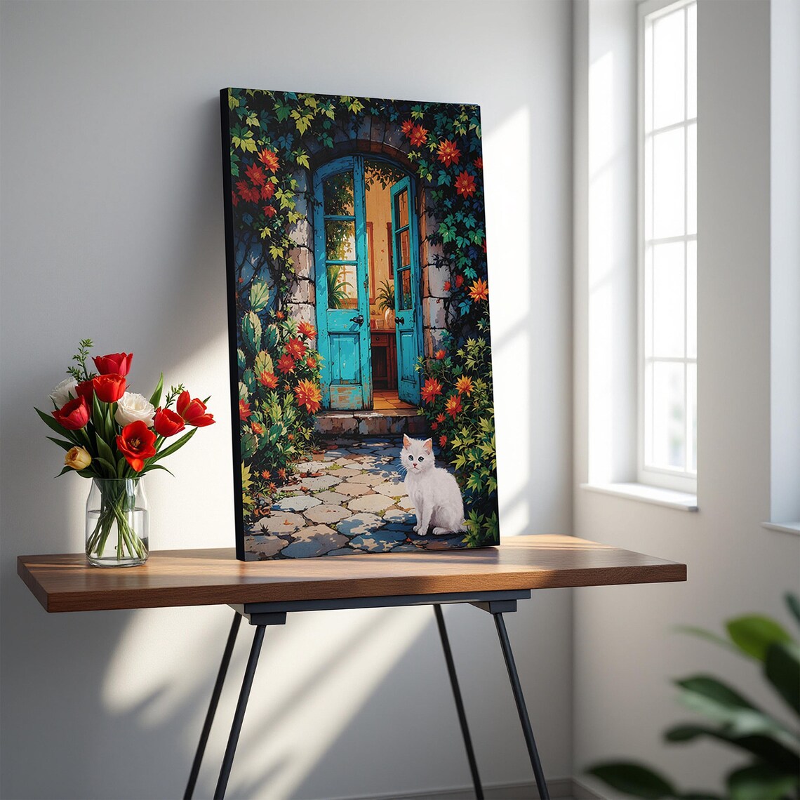 Turquoise Garden Door White Cat Flower Vines Charming Art Poster - Image 4