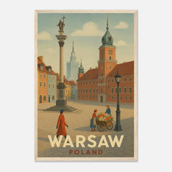 Warsaw Poland Vintage Travel Poster Wall Art Old Town Cityscape Illustration Retro Print Gift