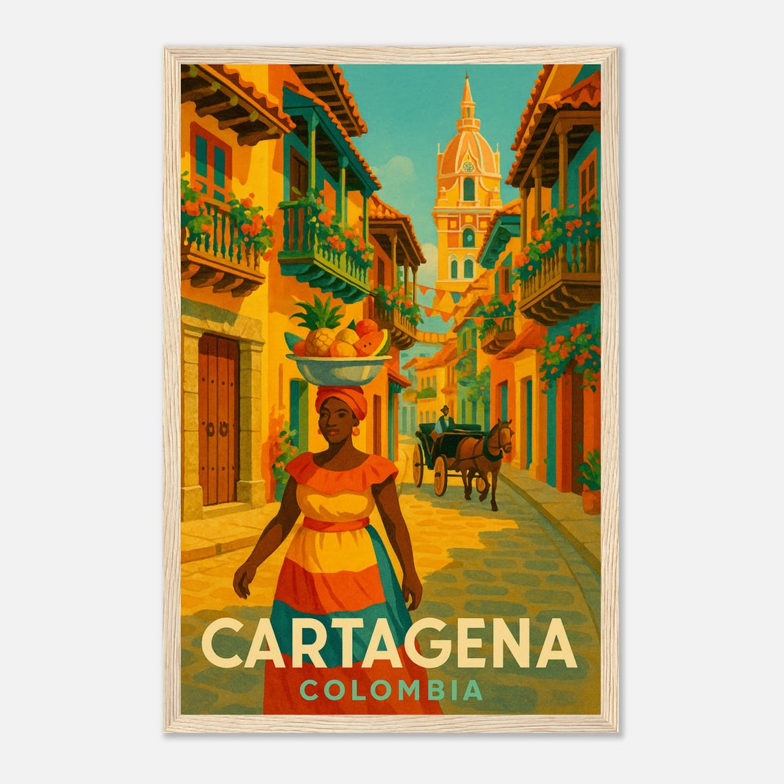 Cartagena Colombia Fruit Vendor Old Town Street Vintage Poster