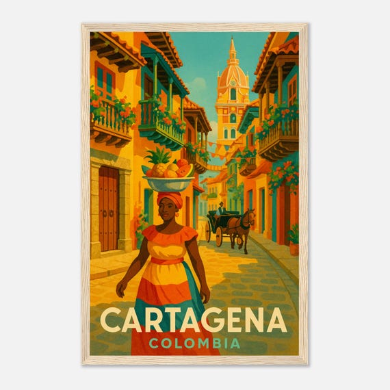 Cartagena Vintage Travel Poster Colombia Wall Art Illustration Retro Cityscape Print Gift