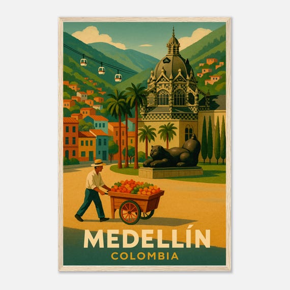 Medellin Colombia Vintage Travel Poster Wall Art Colombian Illustration Retro Cityscape Print Gift