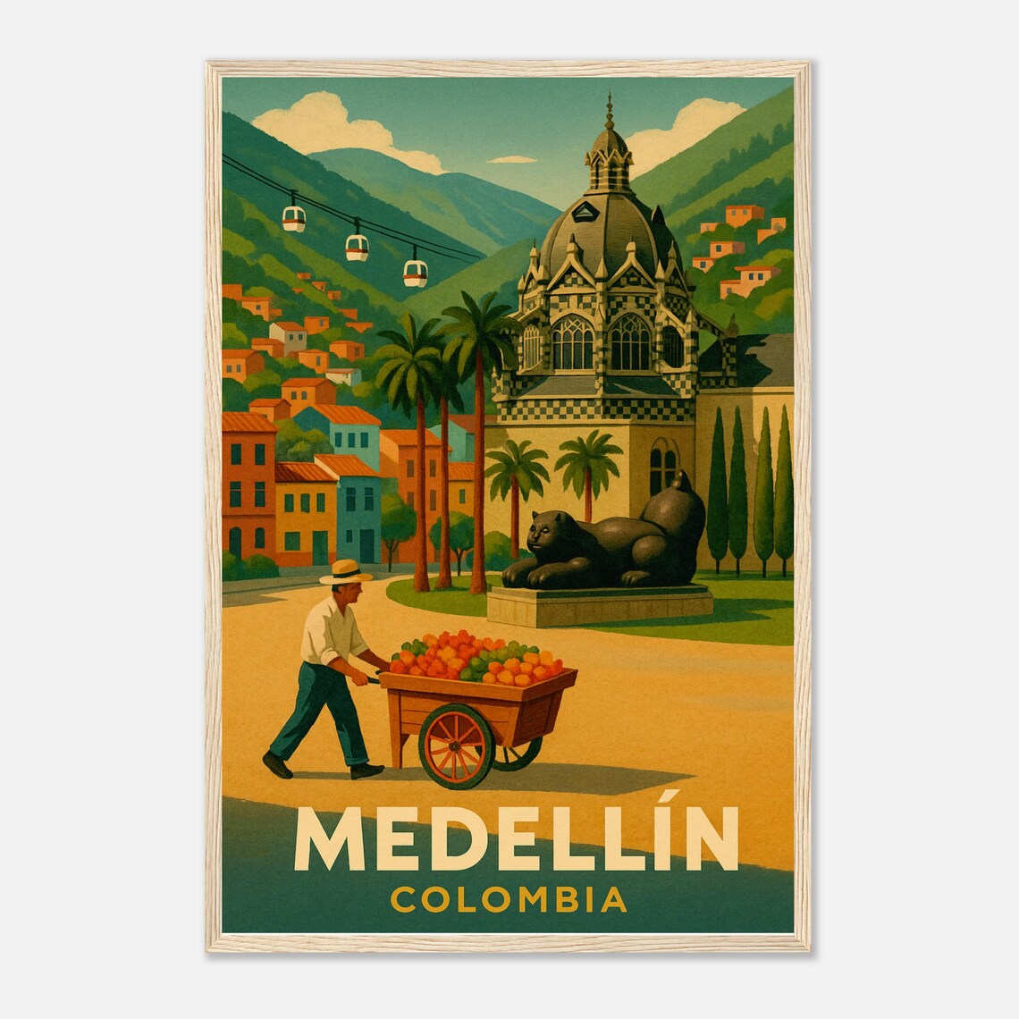 Medellin Colombia Cityscape Retro Church Vintage Travel Poster