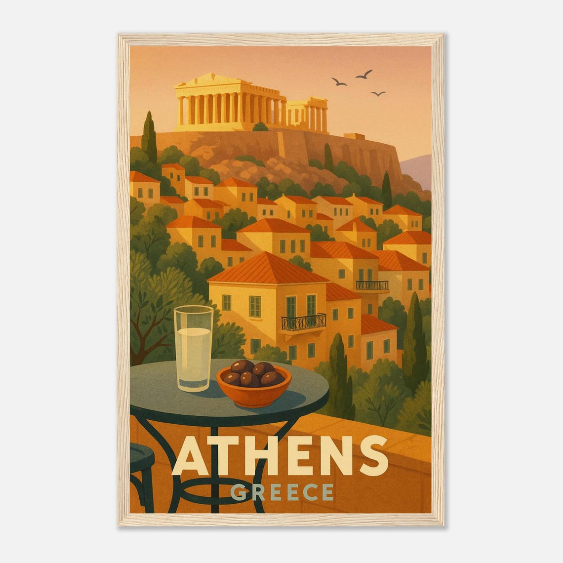 Athens Greece Parthenon Sunset Terrace Café Scene Travel Poster