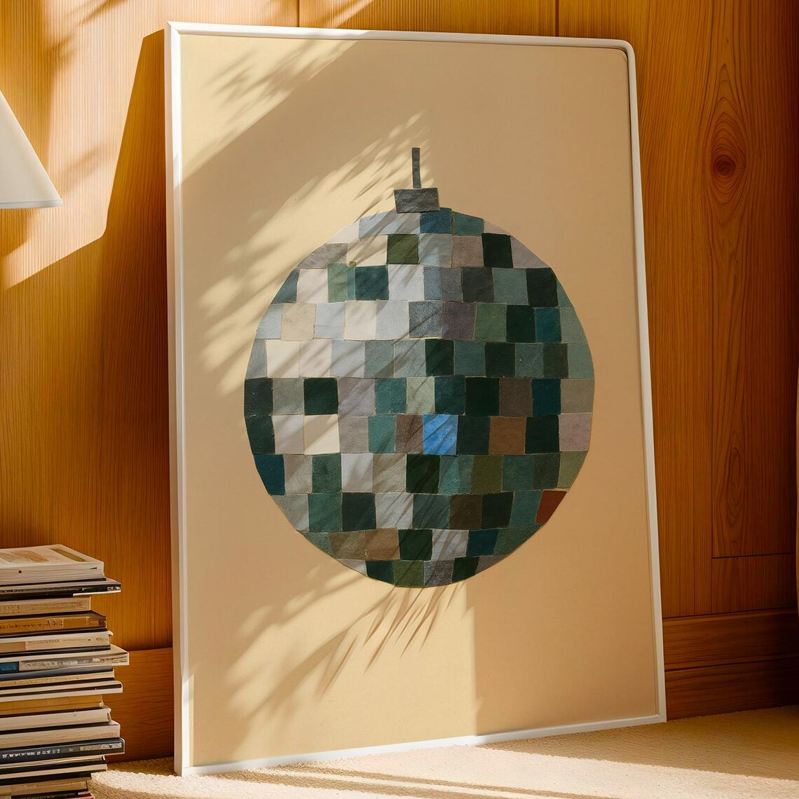 Retro Disco Ball Mosaic Earthy Green Tones Minimalist Wall Poster