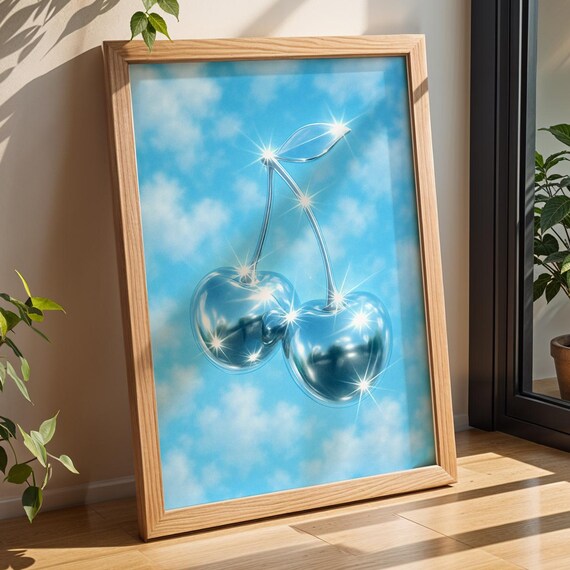 Sparkling Chrome Cherries Dreamy Blue Sky Surreal Fruit Art Poster