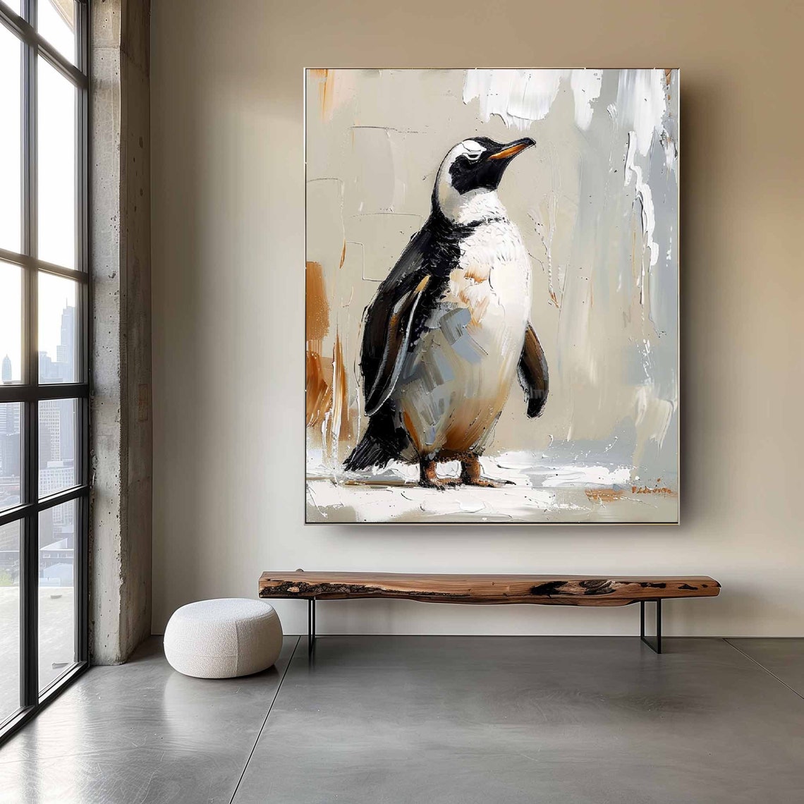 Charming Penguin Oil Painting on Warm Beige Background Poster - Image 2