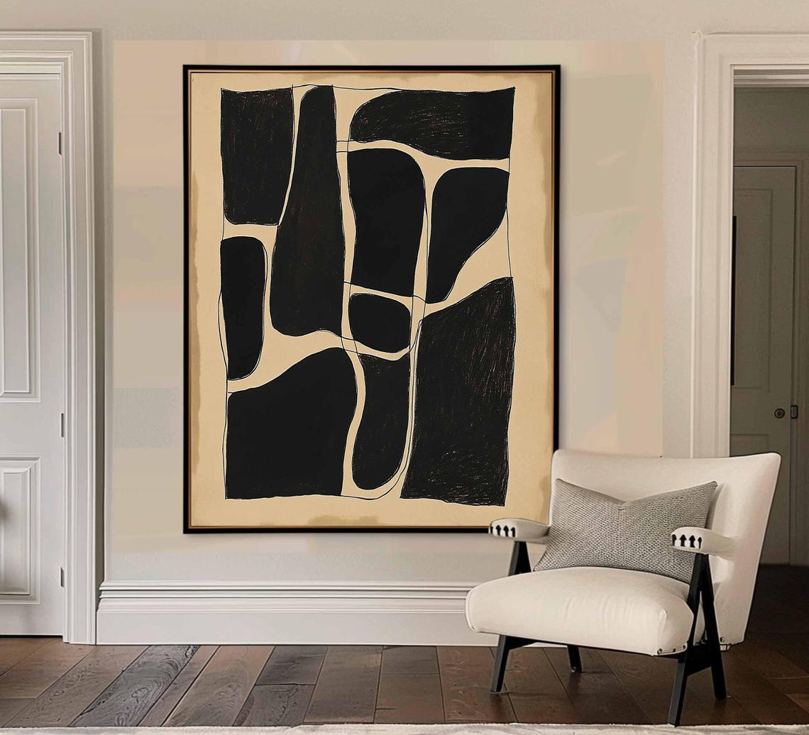 Bold Black Beige Geometric Abstract Art Modern Organic Shapes Wall Art - Image 3