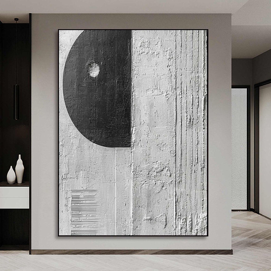 Black Circle on White 3D Textured Minimalist Abstract Poster - Image 3
