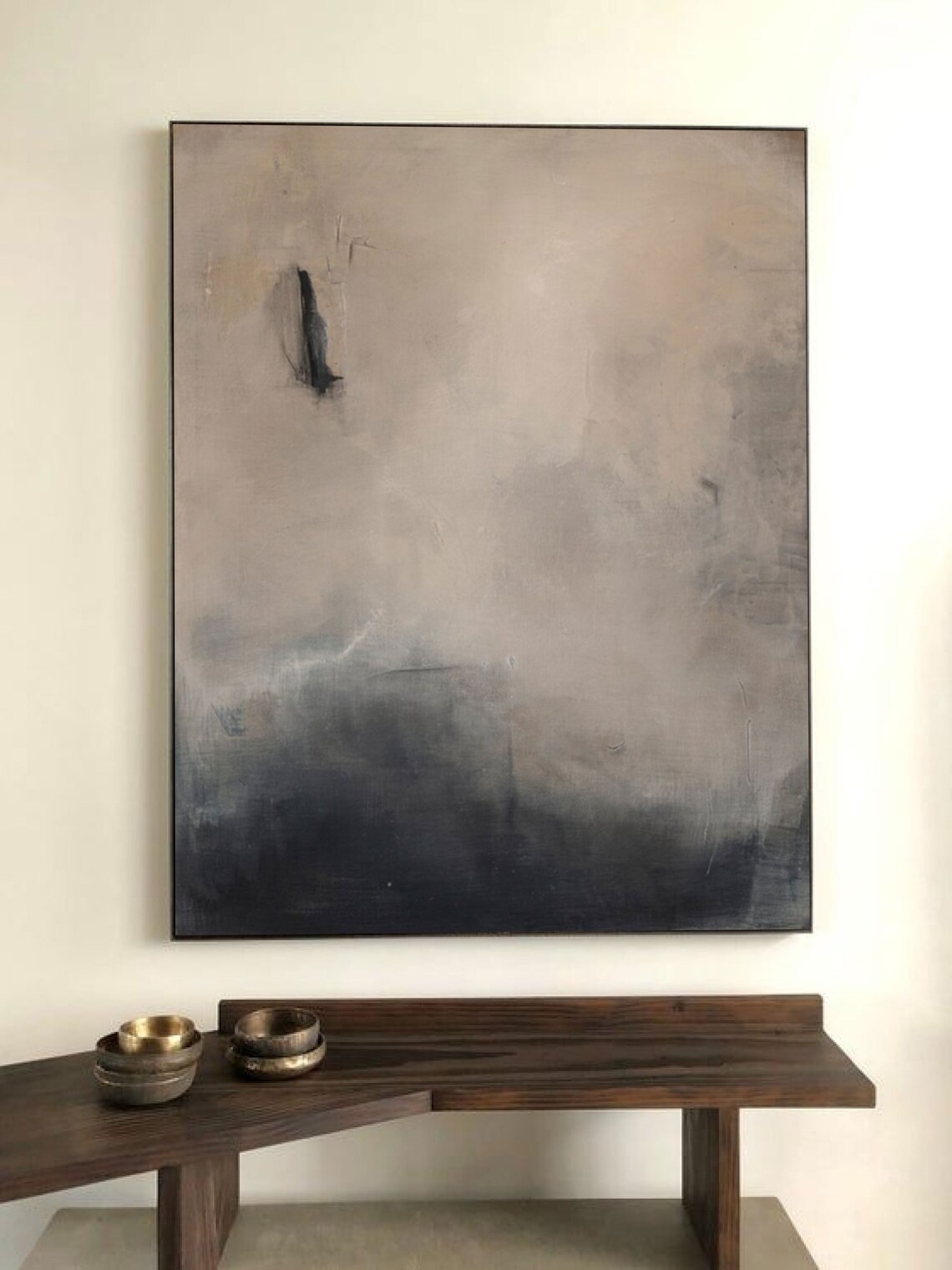 Cream Grey Black Abstract Minimalist Brushstroke Subtle Texture Poster - Image 2