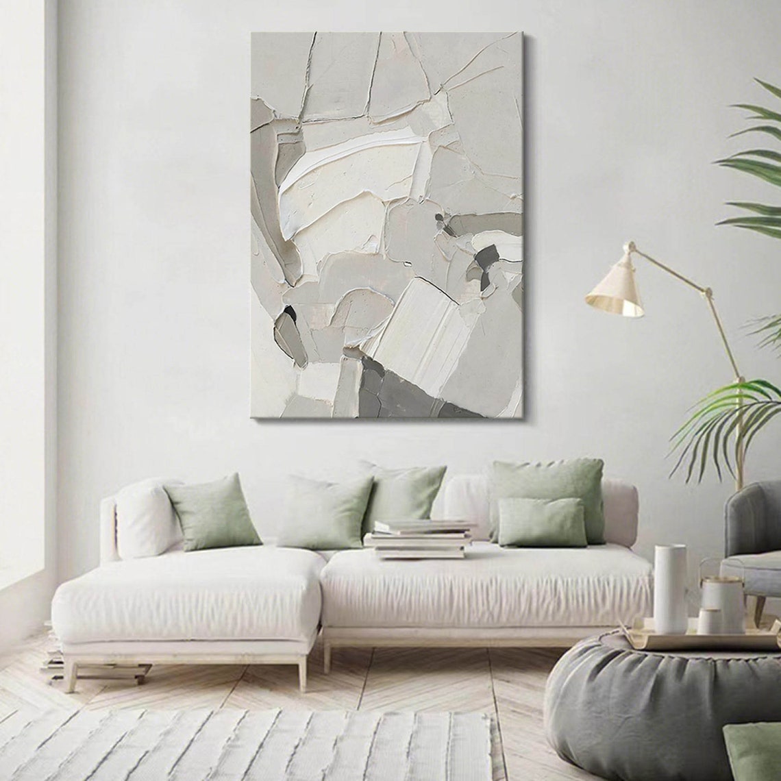 White Gray Cracked Plaster 3D Texture Minimalist Canvas Art Poster - Image 2