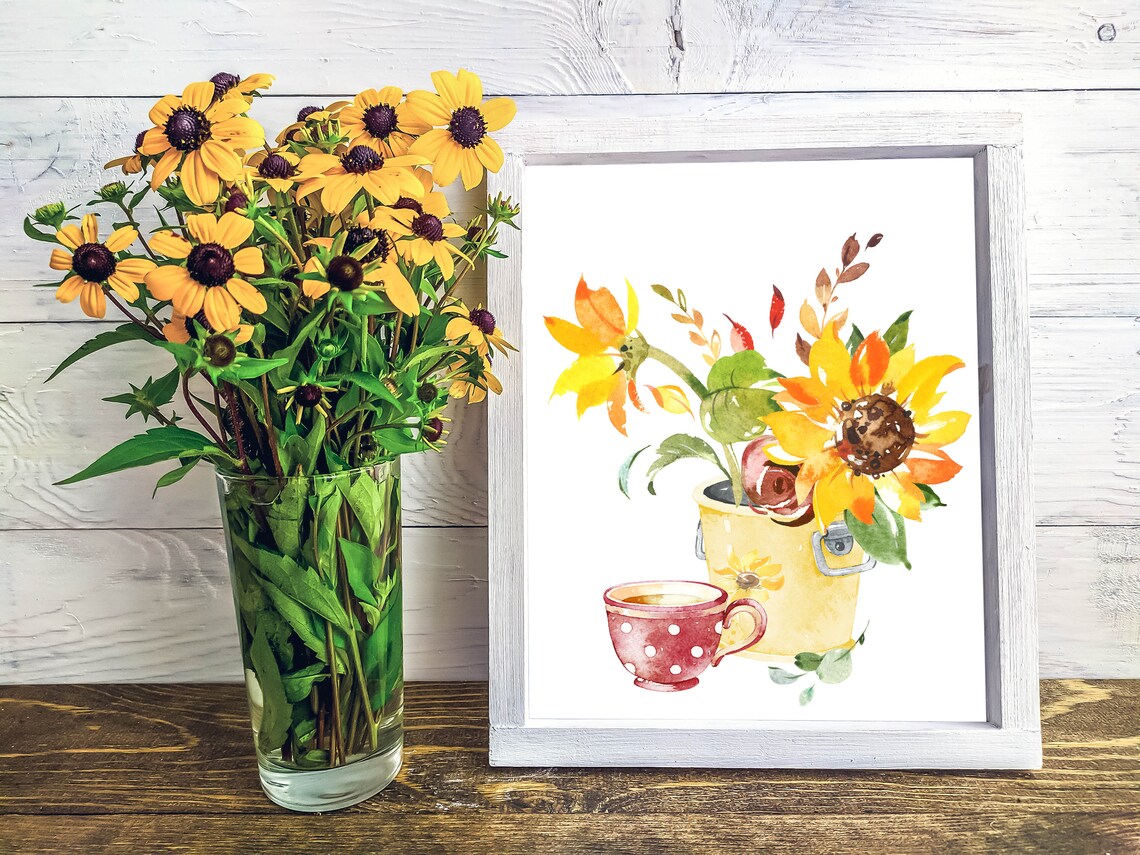 Sunflowers in Yellow Milk Can Teacup Watercolor Floral Art Print - Image 3