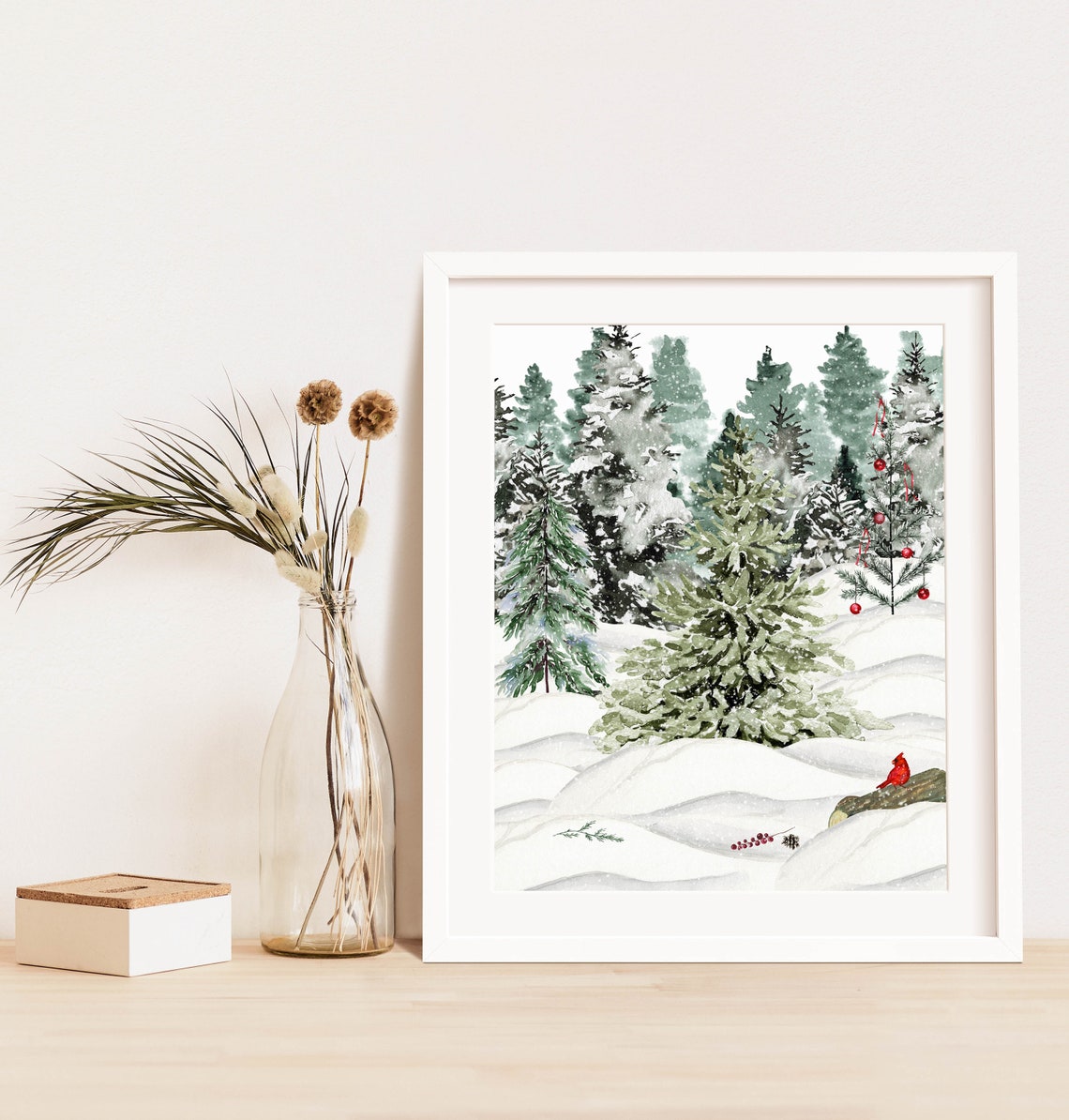Woodland Winter Green Wall Art 5x7 8x10 11x14 16x20 Snowy Holiday Decor Watercolor Winter Landscape Snow Scene Diy Seasonal Decor - Image 3